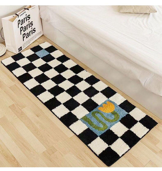Checkered Fluffy Bedside Rug - Kyootii